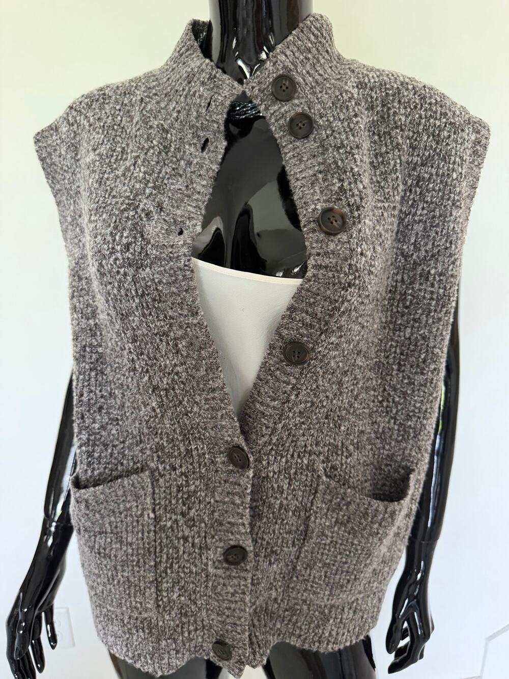 Gray Marled Chunky Knit Button Front Sweater Vest Cardigan Large